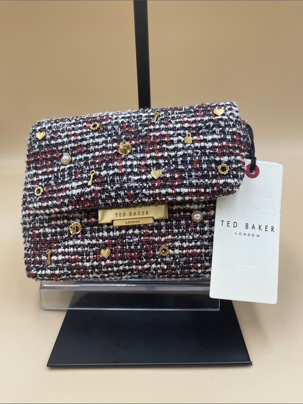 Ted Baker Tweed Mini Crossbody in Black, White & Red with Gold Accents